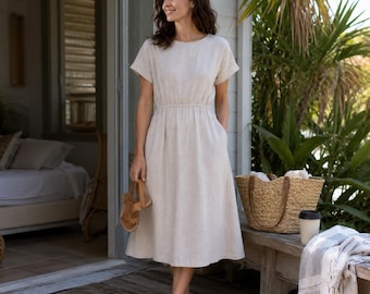 Breezy Midi Dress, Pleated Short Sleeve Summer Dress with Pockets, Flattering Waist Vacation Outfit