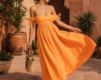 Women’s Linen Lace-Up Maxi Dress, Backless A-Line Summer Dress with Pockets, Pleated Vacation Party Dress, Multiple Colors