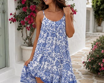 Women’s Printed Swing Dress, Sleeveless Summer Strap Dress, Flowy Vacation Sundress, Casual Beach Maxi Dress