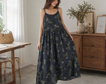Women’s Vintage Floral Maxi Dress, Sleeveless Cotton Strap Summer Dress, Loose Casual Vacation Dress, Elegant Boho Sundress
