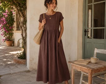 Robe smockée aérée en lin, robe midi d'été ample, robe d'été minimale à manches courtes, tenue décontractée pour les vacances dans un complexe