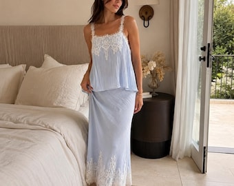 Women’s Lace Cami Skirt Set, Summer Beach Two Piece Outfit, Chic Long Skirt Suit, Vacation Matching Set