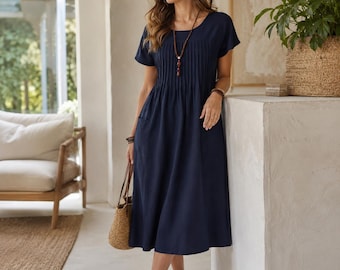 Women’s Midi Dress, Elegant Short Sleeve O Neck Sundress, Loose Vintage Summer Dress, Casual Flowy Outfit