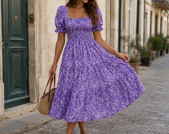 Women’s Printed Midi Dress, Square Neck Bubble Sleeve Dress, Empire Waist Summer Dress, Feminine Casual Outfit