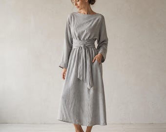 Effortless Linen Maxi Dress, Long Sleeve O Neck Dress, Minimal Loose Fit Dress, Casual Resort Vacation Outfit