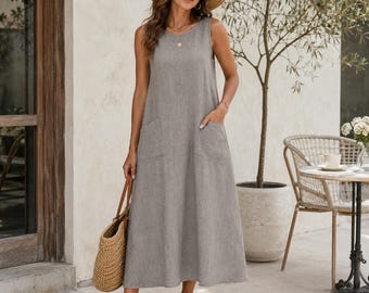 Women’s Maxi Dress, Sleeveless O Neck Loose Summer Dress, Casual Pocket Vest Sundress