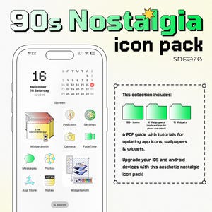 Puede incluir: Una ilustración digital de la pantalla de un teléfono inteligente con un calendario que muestra el 16 de noviembre, sábado. La pantalla también muestra una cuadrícula de iconos de aplicaciones con nombres como "Widgetsmith", "Cámara", "FaceTime", "Mensajes", "Fotos", "App Store", "Notas" y "Widgetsmith". La ilustración está rodeada por un borde verde y blanco con el texto "90s Nostalgia icon pack" y "snooze" en una fuente pixelada.