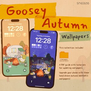 May include: Two smartphones displaying autumn-themed wallpapers with a camping scene. The image includes the text "Goosey Autumn Wallpapers" and details about the collection, including a PDF guide and hand-drawn aesthetic wallpapers.