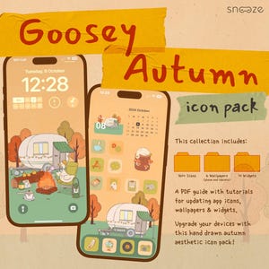 May include: A digital illustration of a phone screen with a fall-themed icon pack. The icons feature a camper, a goose, and other autumnal elements. The text on the screen reads "Goosey Autumn icon pack".