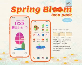 May include: A digital illustration of a phone screen with a spring-themed icon pack. The phone screen shows a clock with the time 6:23, a calendar, and a window with flowers. The icon pack includes 160 icons, 6 wallpapers, and 8 widgets. The text "Spring Bloom Icon Pack" is displayed in a large font at the top of the image.