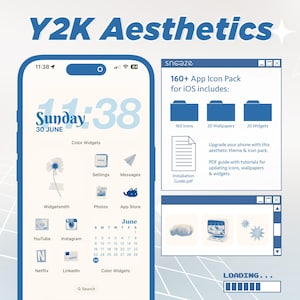 May include: A blue and white phone screen with a digital clock displaying "11:38" and the date "Sunday 30 JUNE". The screen also shows a grid of app icons, including YouTube, Instagram, Netflix, and LinkedIn. A blue and white window with the text "160+ App Icon Pack for iOS includes:" is shown on the right side of the screen. The window also shows three folders labelled "160 icons", "20 Wallpapers", and "20 Widgets".