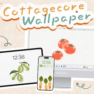 May include: A digital illustration of cottagecore style wallpapers for a desktop computer, tablet, and smartphone. The desktop wallpaper features three red tomatoes, the tablet wallpaper features a branch of green olives, and the smartphone wallpaper features three carrots with green tops.