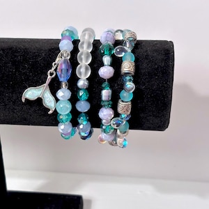 Mermaid charm bracelet for tween periwinkle glass jewelry purple beaded stretchy stack gift from sister aqua blue bead accessory