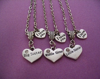 3 Sisters Necklaces Big Sister Middle Sister Little Sister Heart  I Love You Gift