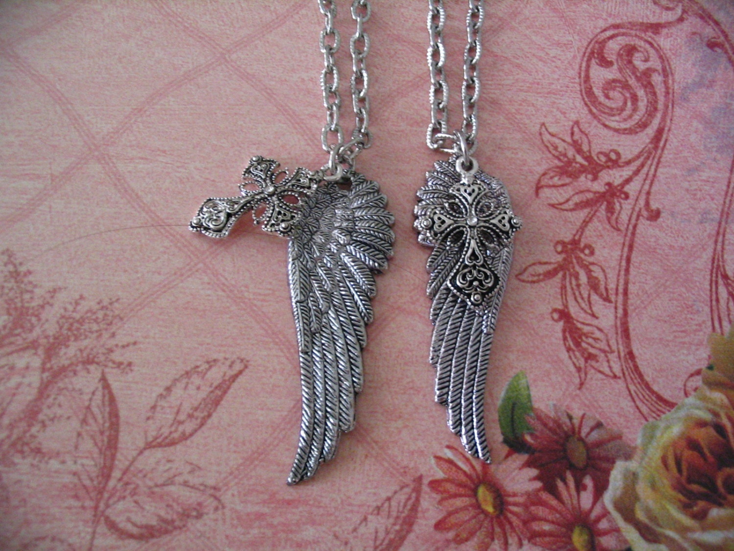2 Angel Wings Necklace Set with Cross Religious Loved Ones Etsy