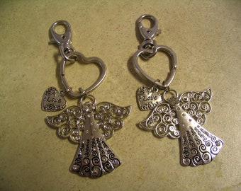 2 Angel Keychain Purse Charm with Love Heart Charm for Sisters or Best Friends or Mother Daughter Gift