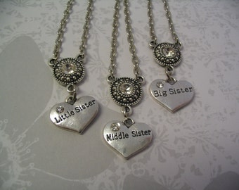 Big Sister Middle Sister Little Sister Heart Necklaces Rhinestone Connector Jewelry Gift