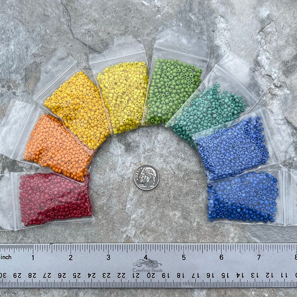 Antique Italian glass seed beads collection, size 9/0 opaque rainbow. 80 gram lot with 8 rare old time colors of vintage glass rocailles.