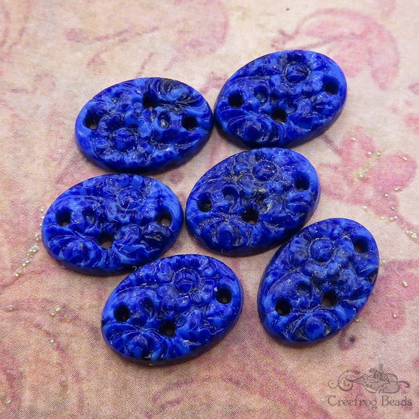 1950's vintage Japanese glass cabochons in lapis blue. 6 pieces of size 10x14 mm NOS cabs with etched floral design, Made in Japan.