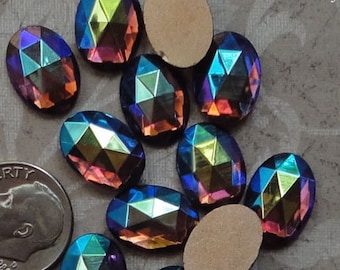 10x14 mm FACETED glass stones in amethyst AB. Lot of 6 vintage West German cabochons in transparent purple with gold foil backs.