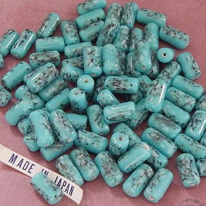 12 vintage Japanese porcelain tube beads in imitation turquoise. 14 mm cylinder beads in speckled robins egg blue for jewelry crafts. image 1
