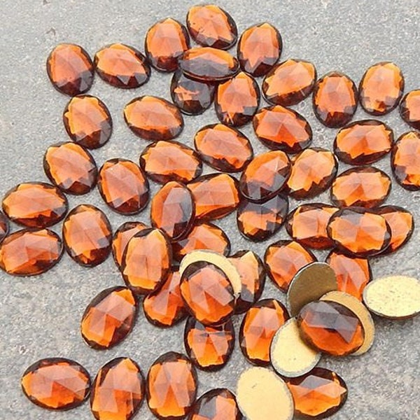 13x18 mm FACETED glass stones in Smoky Topas. 2 or 4 pc lot of vintage West German flat back cabochons in transparent dark topaz brown.