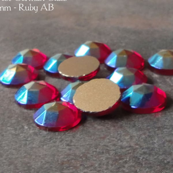 11 mm FACETED glass cabochons in ruby AB. Lot of 6 vintage West German rauten rose cut stones in transparent red with aurora borealis.