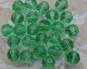 Vintage German glass beads: 6 mm faceted round transparent pale green beads (25 pc)