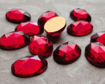 Vintage 10x14 mm FACETED glass stones in ruby red. Lot of 6 NOS West German flat backed cabochons with gold foil backs.