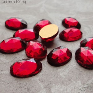 Vintage 10x14 mm FACETED glass stones in ruby red. Lot of 6 NOS West German flat backed cabochons with gold foil backs.
