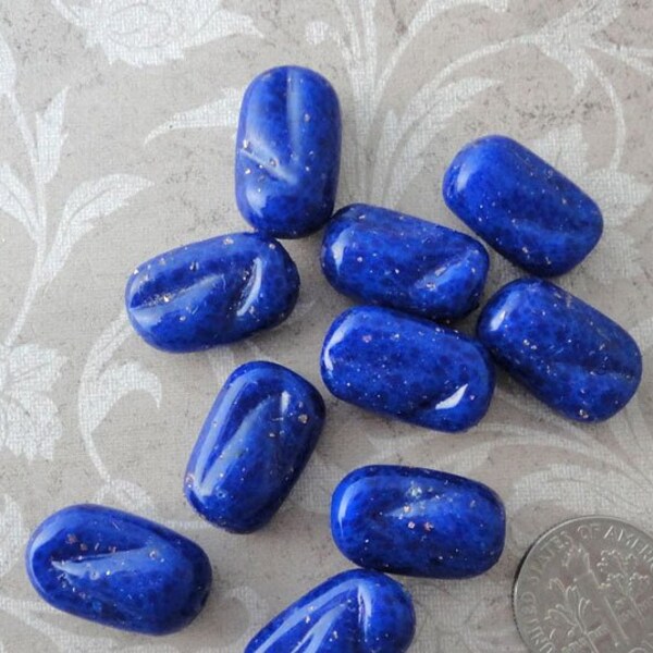 10 Vintage Japanese lampwork glass beads in royal blue with gold flecks. Faux lapis twisted oval beads in large 18mm coffee bean shape.
