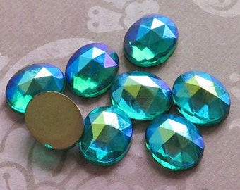 8x10 mm FACETED glass cabochons in emerald AB. Lot of 6 vintage West German aurora borealis cabs in small size for rings and earrings.