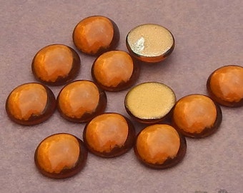 13mm round SMOOTH glass cabochons in smoky topaz. Lot of 6 vintage West German flatback stones in transparent brown.