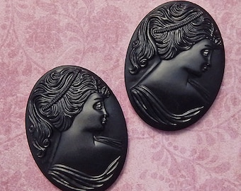 30x40 mm vintage West German glass cameos. Large 40x30 mm oval lady cabochon. Black glass woman in profile. 1 pc or 2 pc