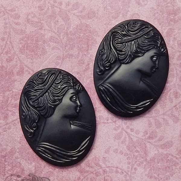 30x40 mm vintage West German glass cameos. Large 40x30 mm oval lady cabochon. Black glass woman in profile. 1 pc or 2 pc