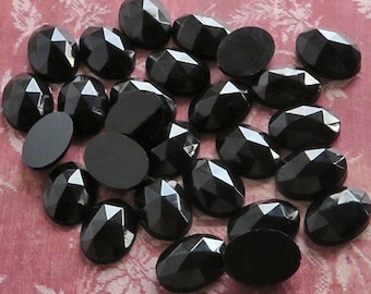 10x14 mm FACETED glass cabochons in jet black. Lot of 6 vintage West German oval stones for beadwork, wire work & costume jewelry repair.