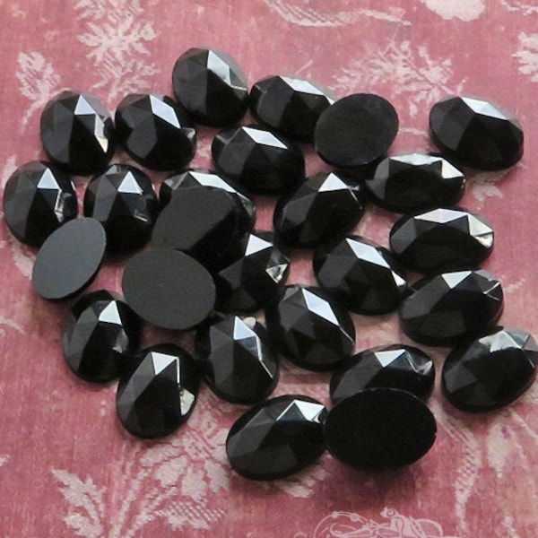10x14 mm FACETED glass cabochons in jet black. Lot of 6 vintage West German oval stones for beadwork, wire work & costume jewelry repair.