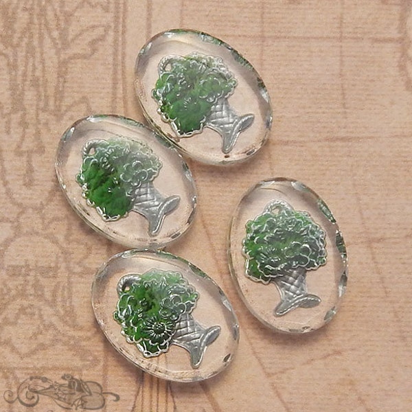 4 Reverse painted glass intaglio cabochons with deep green flower basket. 1960's vintage glass cabs in medium size 18x25 mm oval.