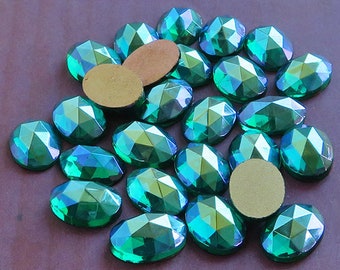 10x14 mm FACETED glass cabochons in transparent emerald green AB. Lot of 6 Vintage West German oval stones in vibrant peacock green.