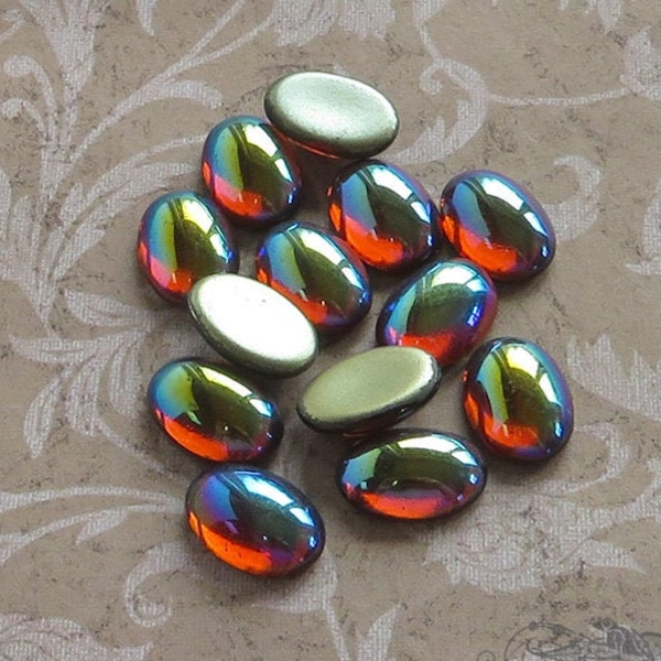 10x14 mm SMOOTH glass stones in transparent smokey topaz AB. Lot of 6 Vintage West German cabochons in dark brown w/ aurora borealis coating