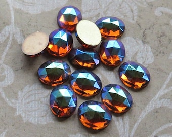 Small 8x10 mm FACETED glass cabochons in Smoky Topaz AB. Lot of 6 vintage West German oval cabs in transparent brown with aurora borealis.