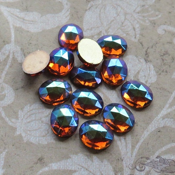 Small 8x10 mm FACETED glass cabochons in Smoky Topaz AB. Lot of 6 vintage West German oval cabs in transparent brown with aurora borealis.