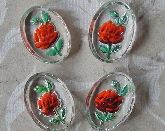 Vintage glass intaglio stones with reverse painted red rose on clear glass. Small 13x18 mm cabochons with red flower motif. 4 pc