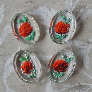 Vintage glass intaglio stones with reverse painted red rose on clear glass. Small 13x18 mm cabochons with red flower motif. 4 pc