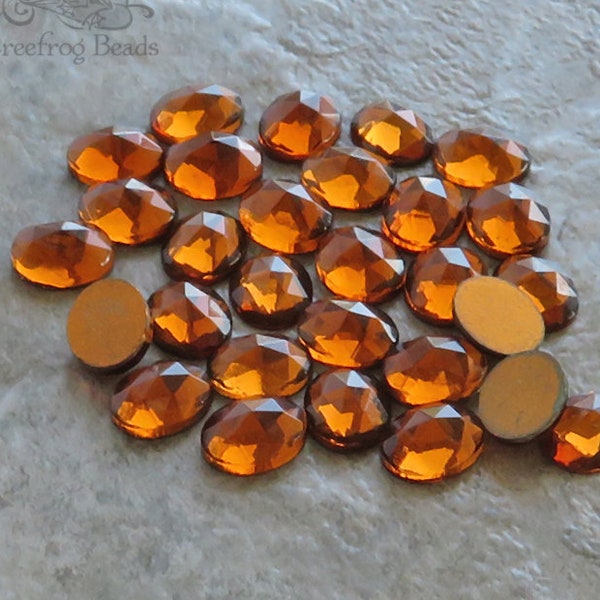 8x10 mm FACETED glass cabochons in smoky topaz. Lot of 6 vintage West German tauten rose cut oval stones in transparent brown.