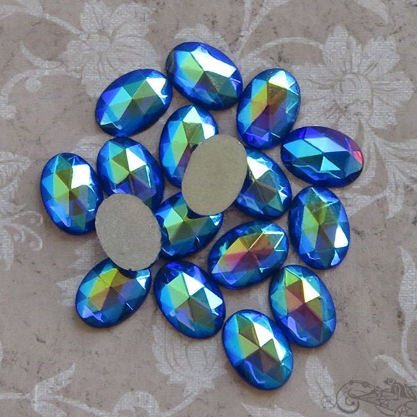 10x14 mm FACETED glass cabochons in transparent sapphire blue AB. Lot of 6 vintage West German oval stones with aurora borealis finish.