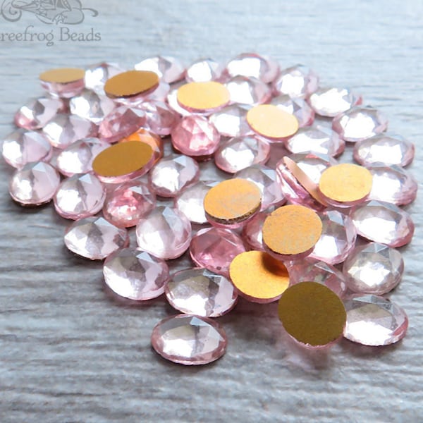 Small 8x10 mm FACETED glass cabochons in pale rosaline pink. Lot of 6 vintage West German oval cabs for rings, earrings, and accents.