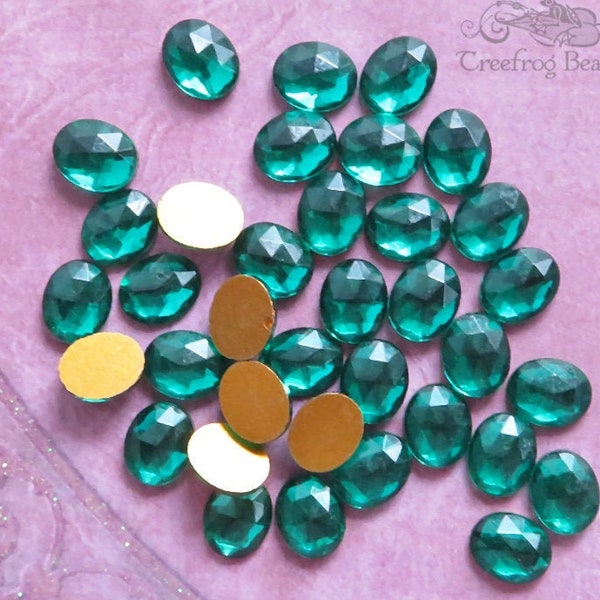 Small 8x10 mm FACETED glass cabochons in transparent emerald green. Lot of 6 vintage West German cabs for earrings, rings & jewelry design.
