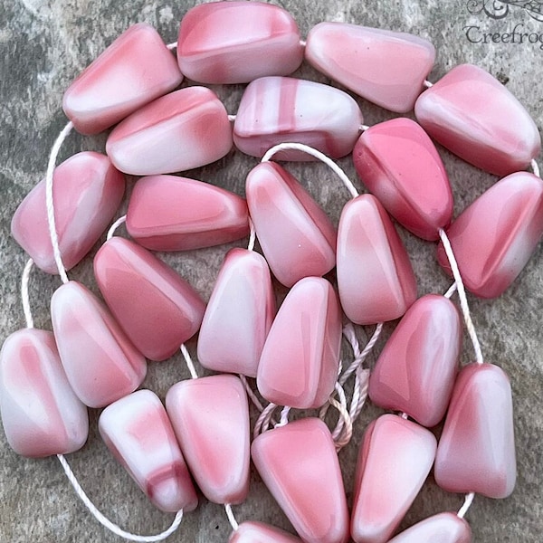 1960's vintage Czech glass beads in soft rose blush pink and white. Strand of 24 large triangular accent beads for jewelry design and crafts