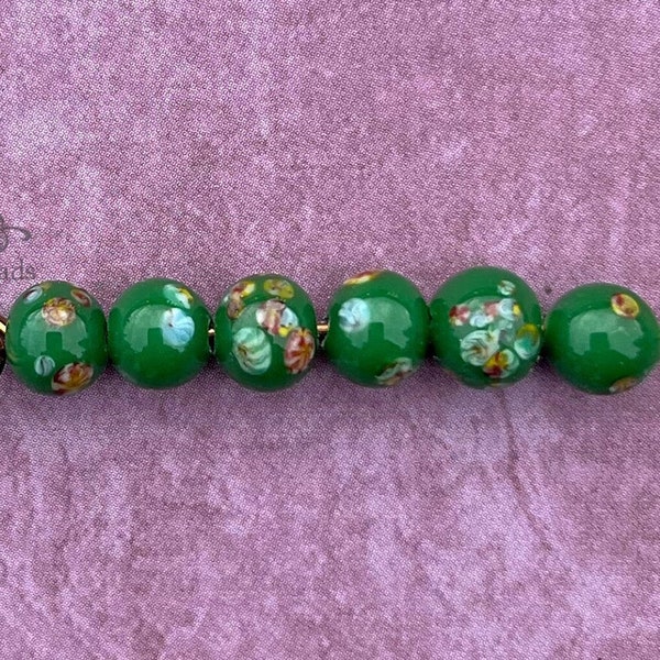 1960's vintage Japanese tombo glass beads in jade green w/ multicolor flowers. 6mm round handmade millefiori lampwork beads, 6 pc